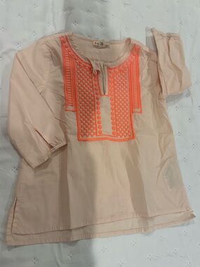 J. Crew Girls Peach Tunic Top with Neon Coral Embroidery